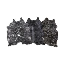 LG/XL Brazilian Acid Washed Silver on Black cowhide rugs. Measures approx. 42.5-50 sq ft